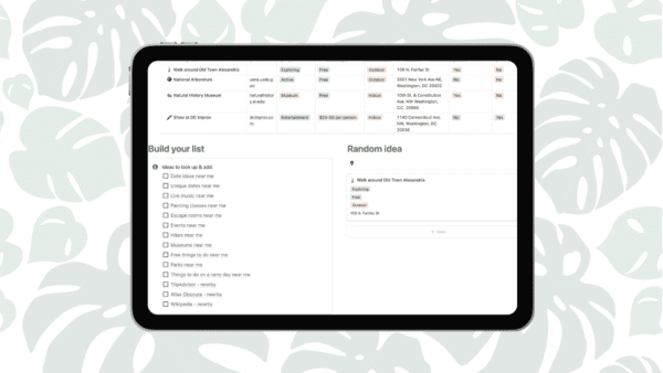 Date Ideas List Organizer Notion Template - store ideas, research ideas, get a random idea for the perfect date