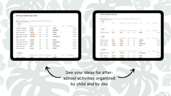 After School Activities Planner for Families Notion Template - organize ideas