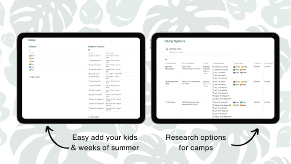 Summer Camp Planner for Parents Notion Template - research camp options