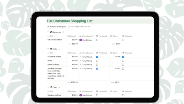 Christmas Shopping List and Budget – Notion Template - full list