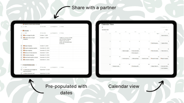 Christmas To-Do List Notion Template - share with a partner, vie3w as calendar