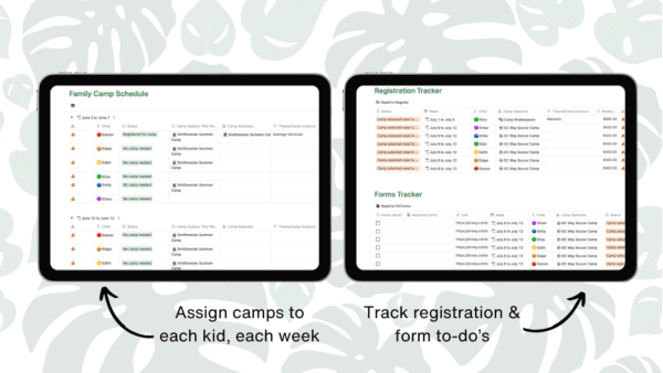 Summer Camp Planner for Parents Notion Template - assign camps and track to dos