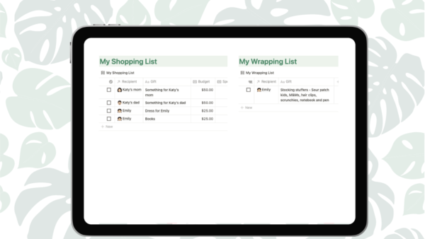 Christmas Shopping List and Budget – Notion Template -my shopping and wrapping list