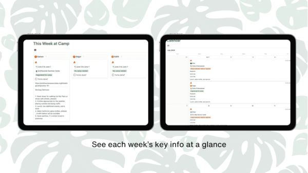Summer Camp Planner for Parents – Notion Template - key info view