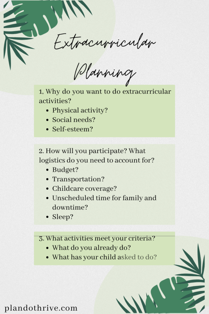 Extracurricular Planning
1, Why do you want to do extracurricular activities?
Physical activity?
Social needs?
Self-esteem?
2. How will you participate? What logistics do you need to account for?
Budget? 
Transportation?
Childcare coverage?
Unscheduled time for family and downtime?
Sleep?
3. What activities meet your criteria?
What do you already do?
What has your child asked to do?