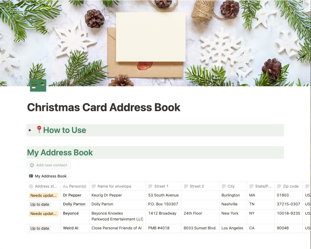 Your organized Christmas card address book in Notion