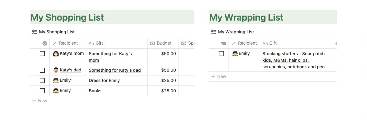 Demo of the Christmas shopping list My Shopping List and My Wrapping List template