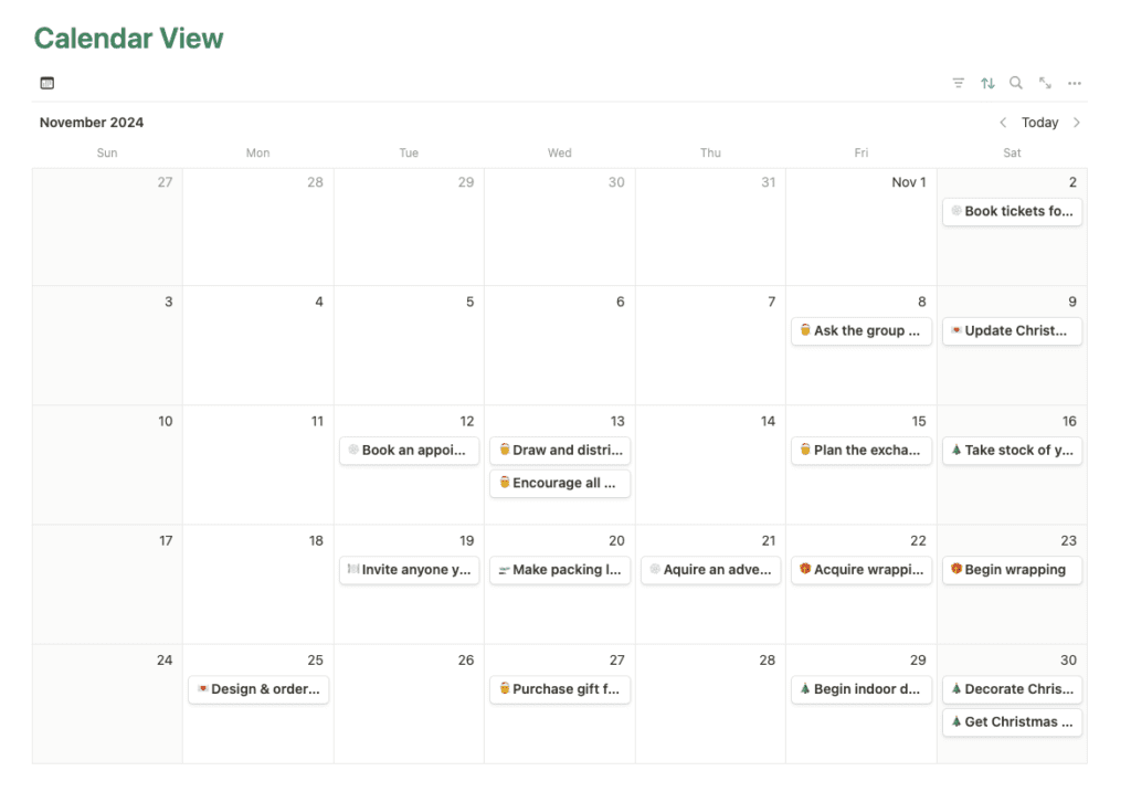 Calendar from Christmas to-do list Notion template showing one month's worth of Christmas planning tasks