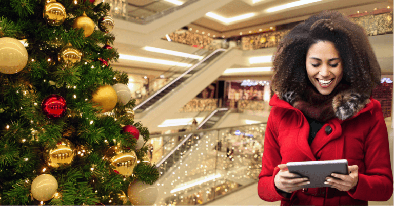 Woman christmas shopping with a digital checklist on tablet