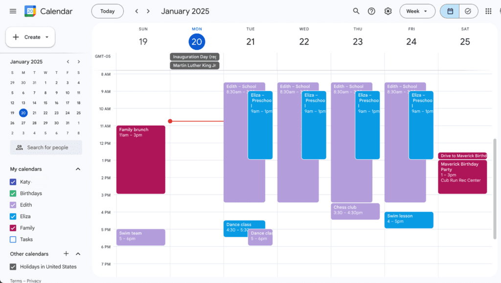 Shows a Google Calendar with a separate calendar and color for each family member