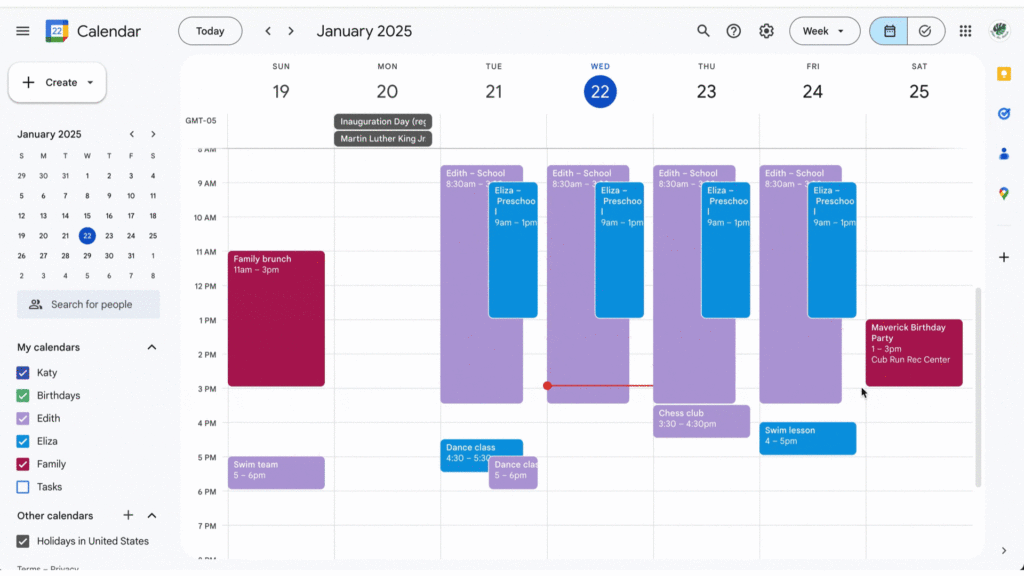 Demo of how to add travel time to a Google Calendar event. Shows opening an event on desktop, clicking the map icon to “Preview in Maps.” In the Maps sidebar that opens up, add your starting point. Select a route. Click “add to calendar.” This will add an event to your default calendar, not necessarily the one you have open, so you may need to edit the travel time event to move it to the correct calendar.